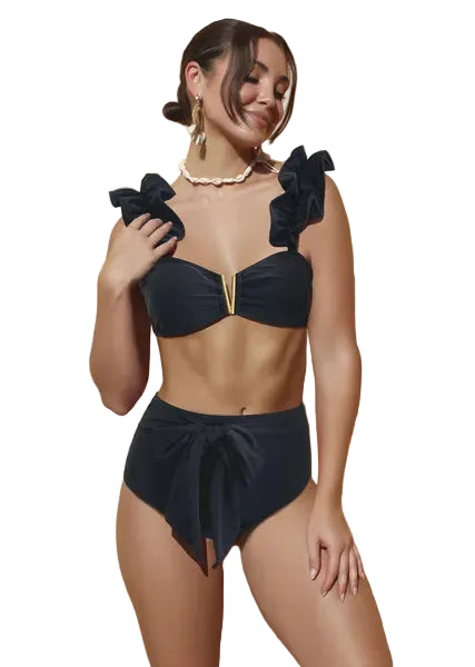 Ladies' Split Ruffle Edge Solid Color High Waist Sexy Bikini Swimsuit Looks Slim