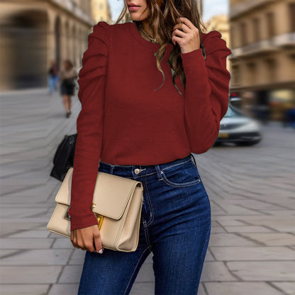 Women's Elegant Puff Sleeve Top, Ruffle Detail Long Sleeve Knit Blouse