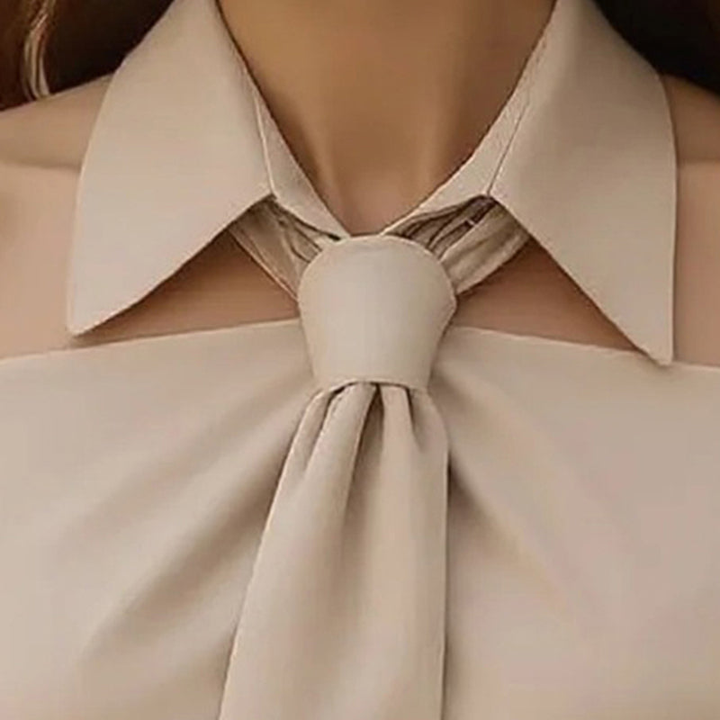 Women's Solid Color Long Sleeve Shirt With Tie And Lapel Collar,