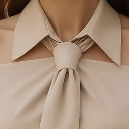 Women's Solid Color Long Sleeve Shirt With Tie And Lapel Collar,