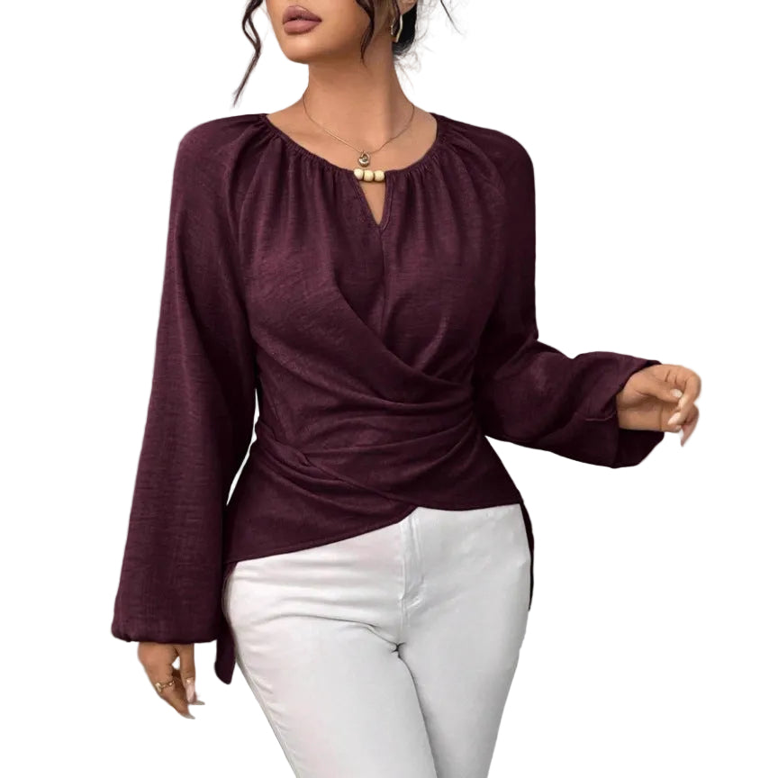 Womens Woven Long-sleeve Top With Tie Detailing And An Asymmetrical Hem
