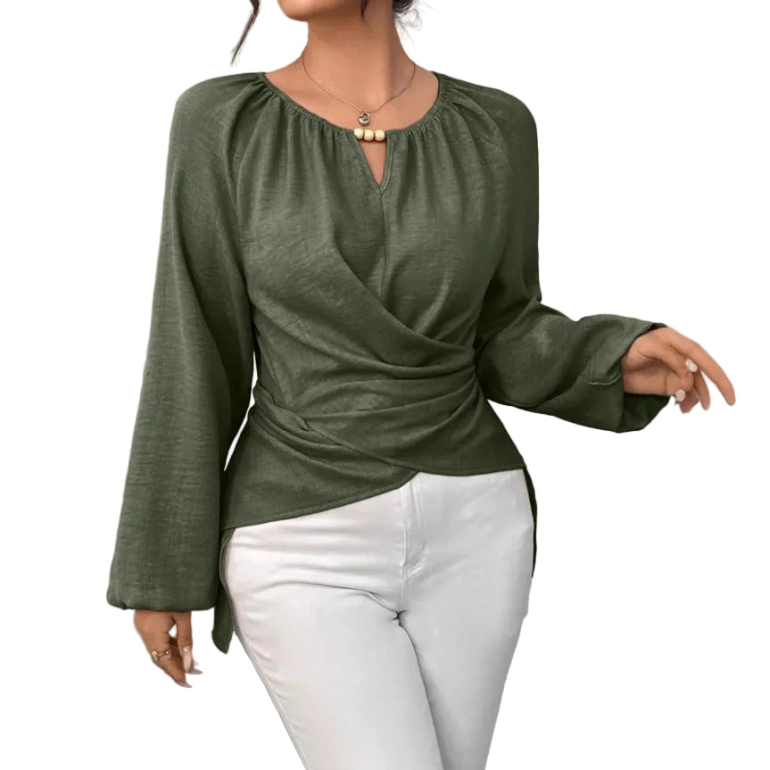 Womens Woven Long-sleeve Top With Tie Detailing And An Asymmetrical Hem
