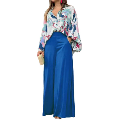 Women's Printed Shirt Wide Leg Pants Fashion Casual Set