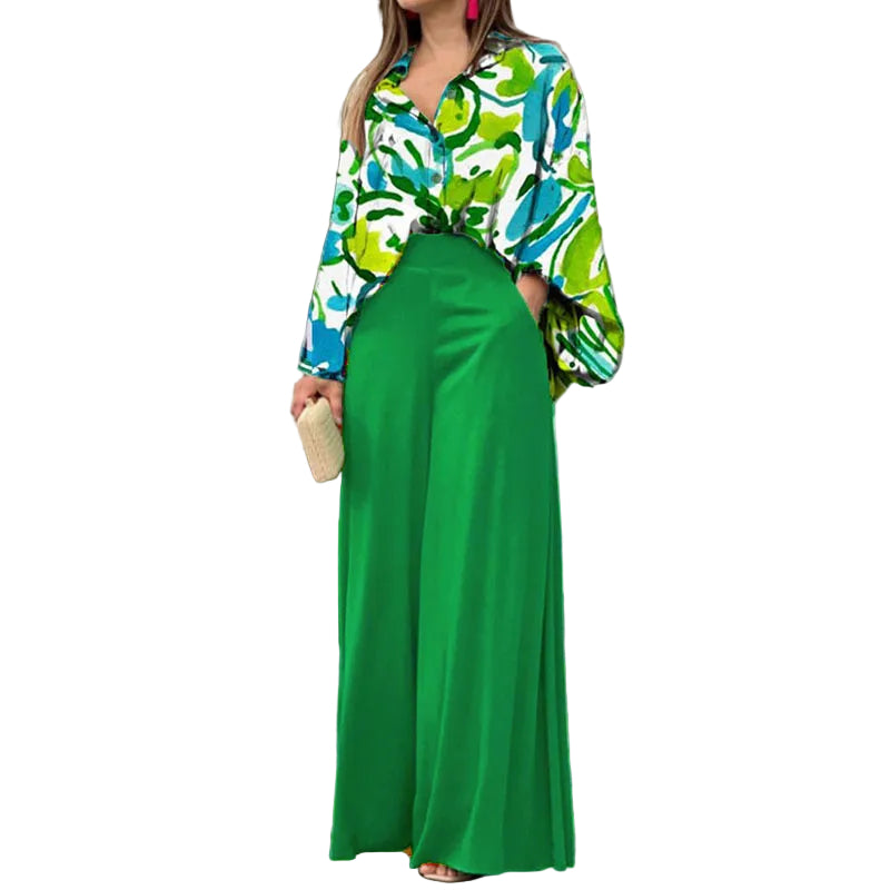 Women's Printed Shirt Wide Leg Pants Fashion Casual Set