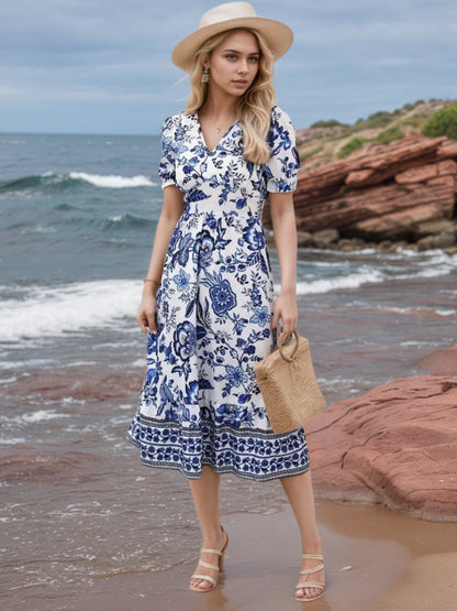 New Women's Floral Print V-neck Dress, Floral Dress,