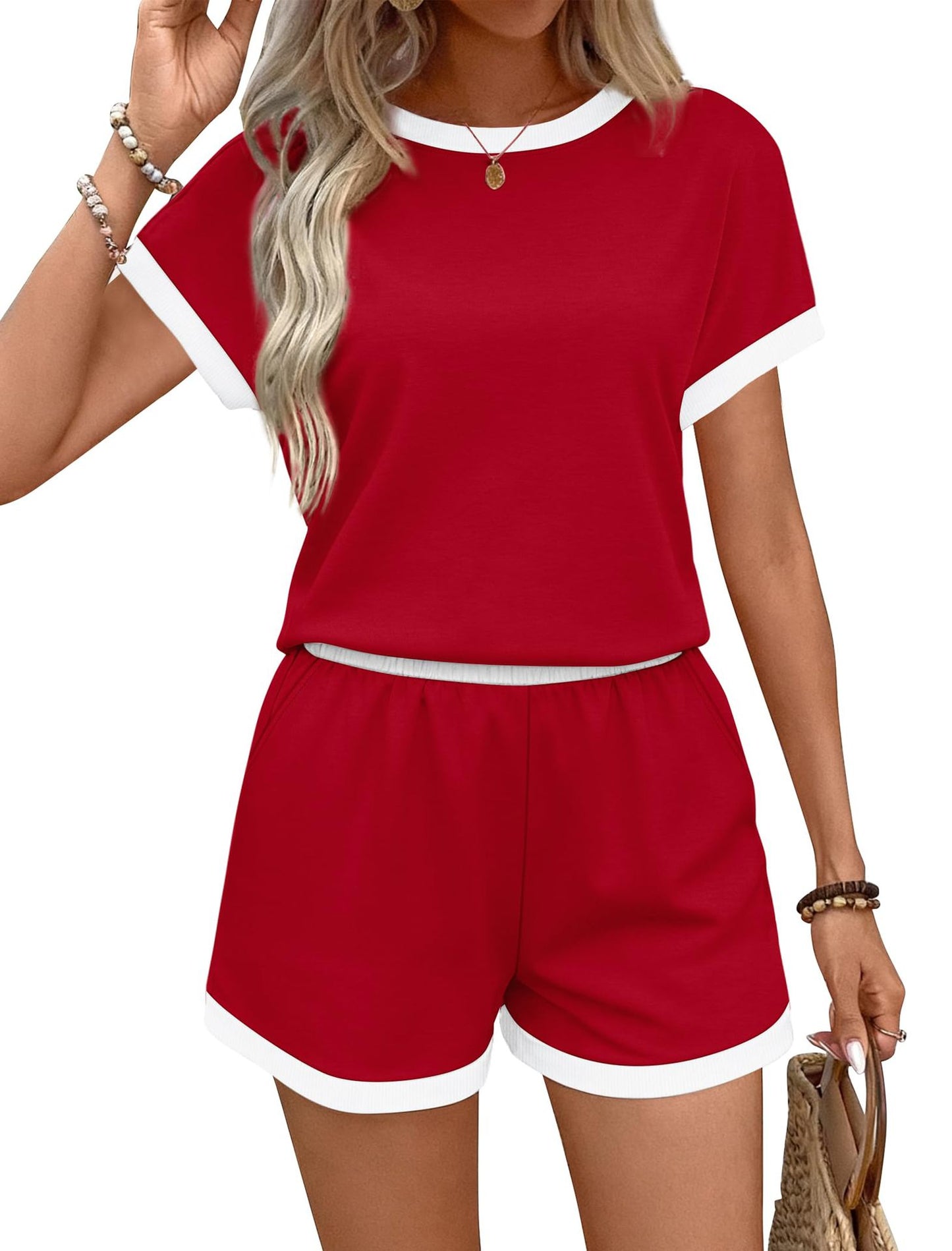 Stylish Casual Womens Outfit Short-sleeve Top And Shorts Set For Going Out