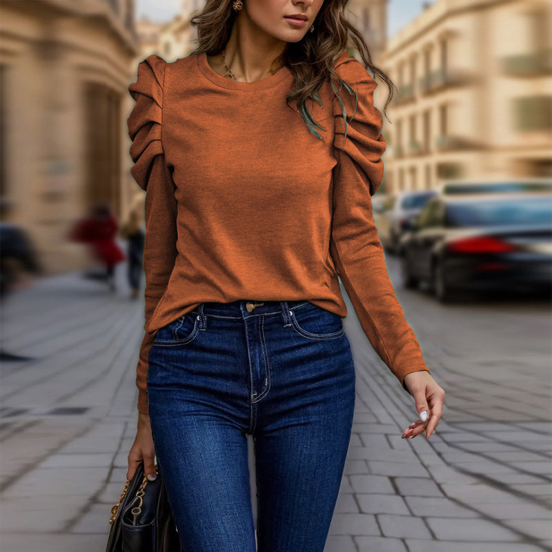 Women's Elegant Puff Sleeve Top, Ruffle Detail Long Sleeve Knit Blouse