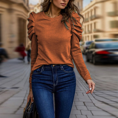 Women's Elegant Puff Sleeve Top, Ruffle Detail Long Sleeve Knit Blouse
