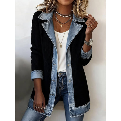 Denim Patchwork Jacket Fashion Commuter Lapel Button-down Long-sleeved Top For Women's Clothing