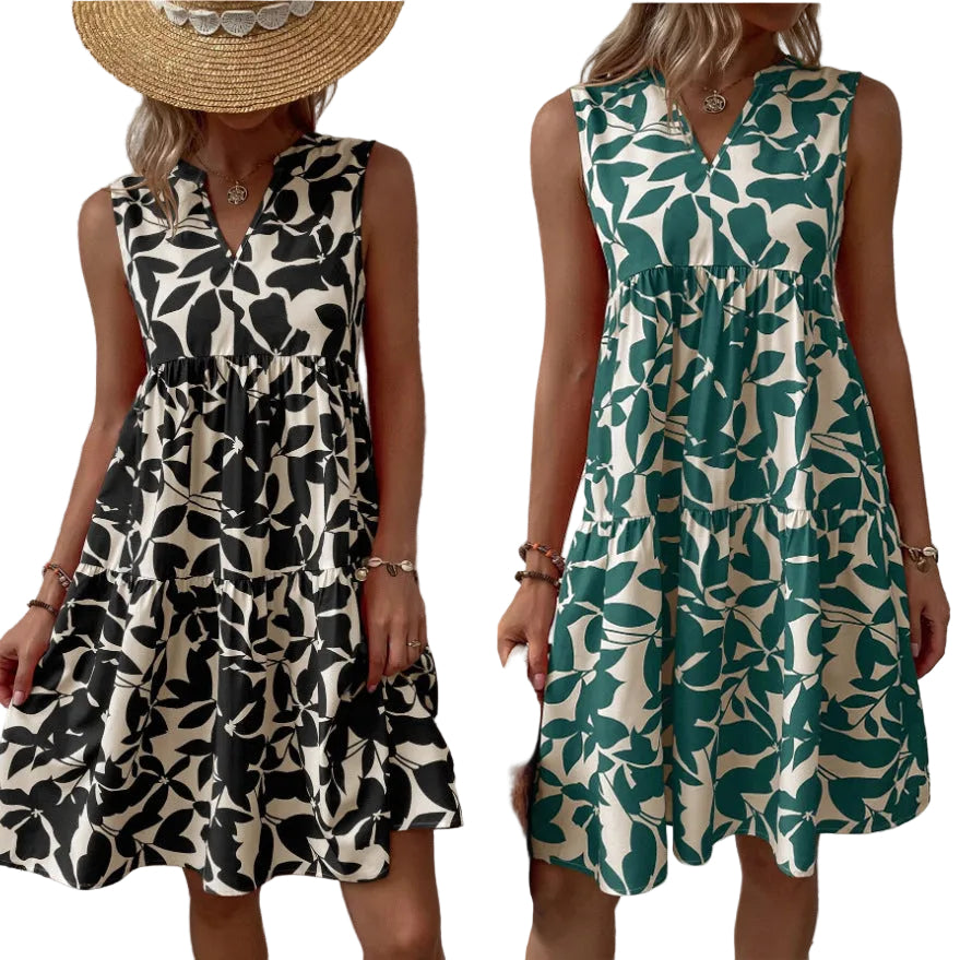 Women's Loose V-neck Pleated Print Dress