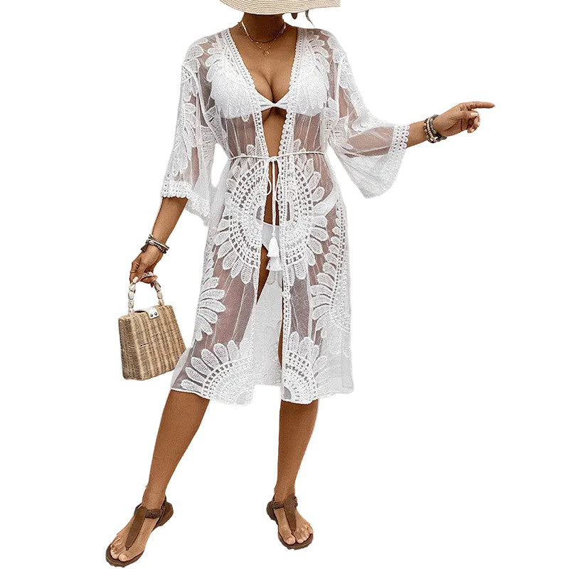 Lace Embroidered Kimono Cardigan Swimsuit Bikini Beach Cover-up