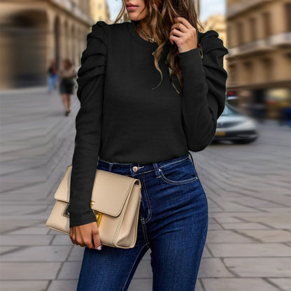 Women's Elegant Puff Sleeve Top, Ruffle Detail Long Sleeve Knit Blouse