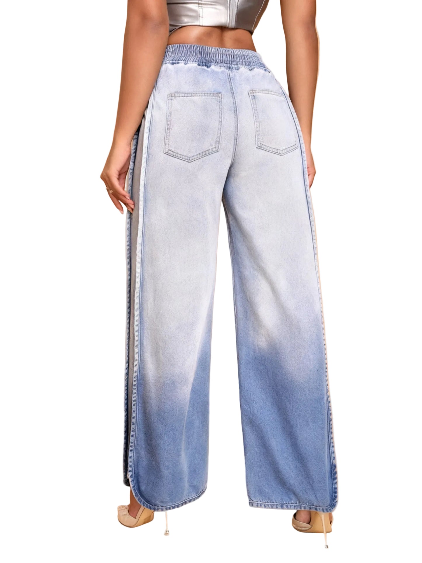Light Blue Ombre Wide-Leg Jeans With Elastic Waist