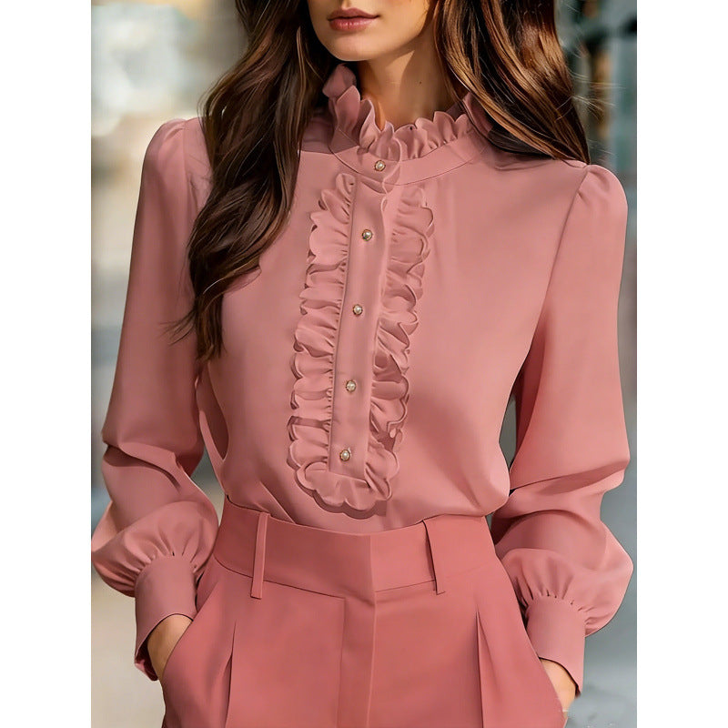 Womens Solid-Color French-Elegant Ruffle-Trimmed Shirt