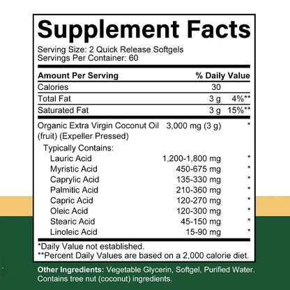 Extra Virgin Coconut Oil, 3000mg, Expeller Pressed Supplement Support for Hair, Nails & Skin Health, Non-GMO