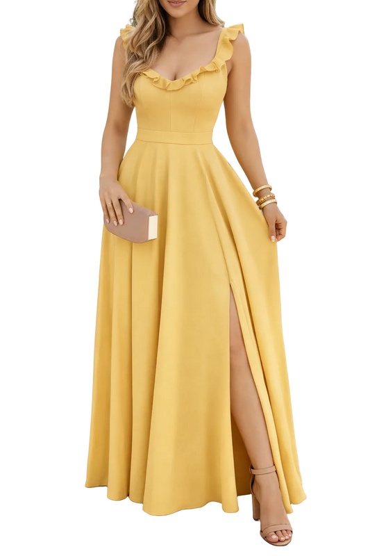 Women's Yellow Polka Dot Maxi Dress Ruffled Neckline Back Tie Side Slit