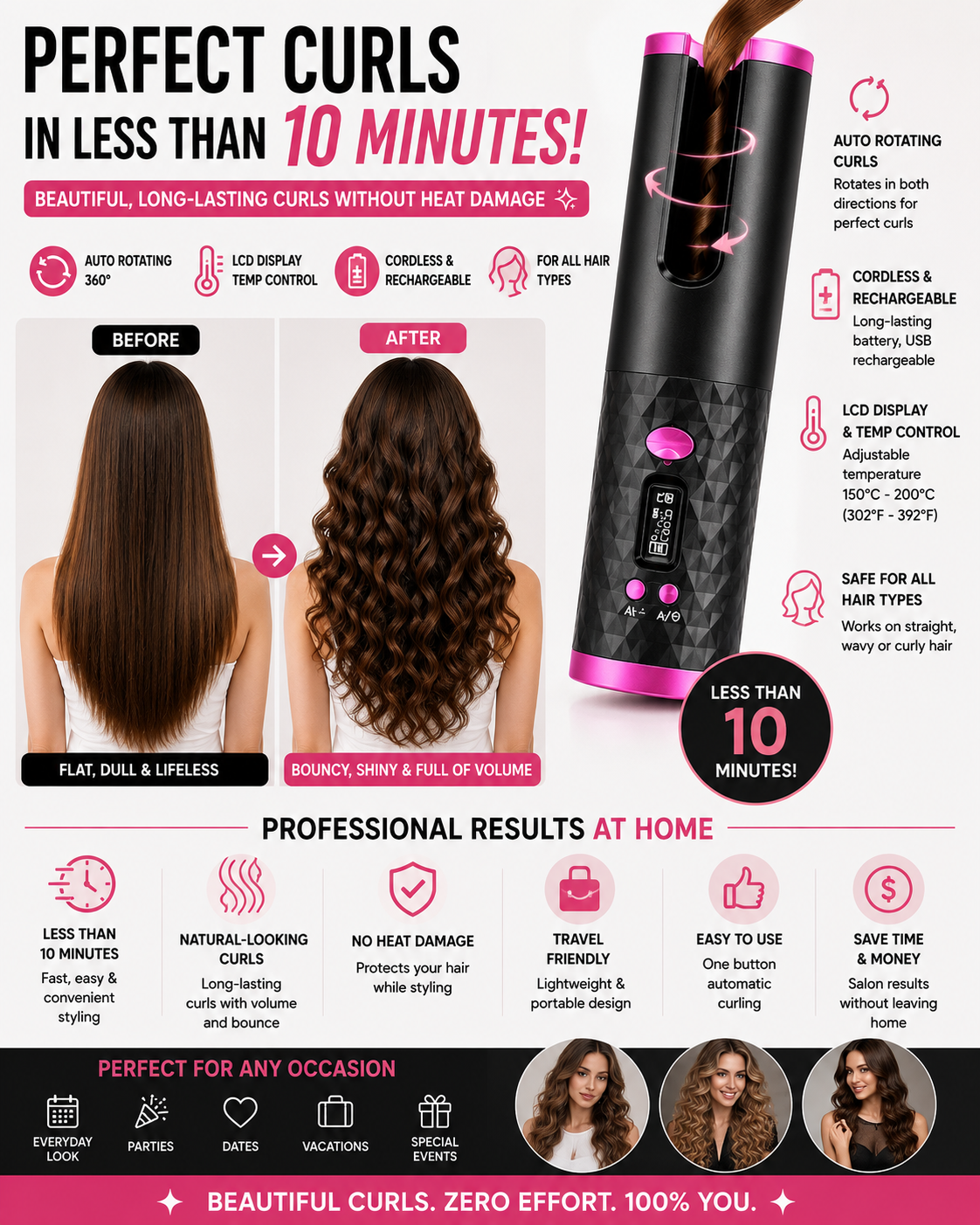 Cordless Auto-Rotating Hair Curler with LCD Display | Ceramic, Rechargeable & Travel-Ready