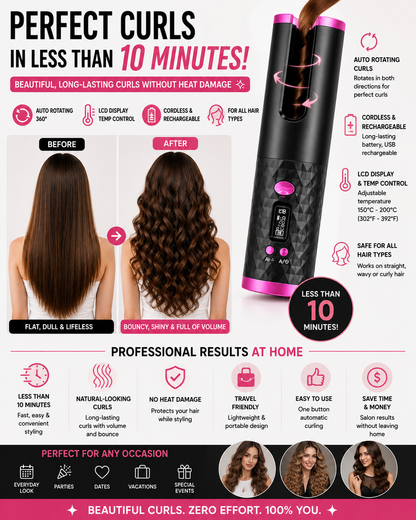 Cordless Auto-Rotating Hair Curler with LCD Display | Ceramic, Rechargeable & Travel-Ready