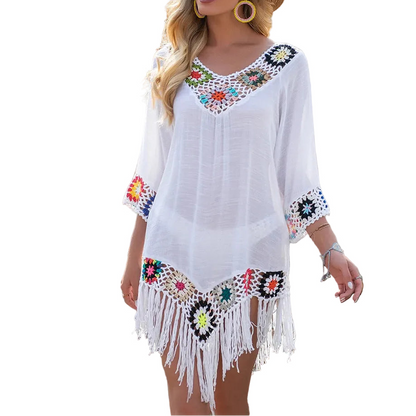CROCHET BIKINI White Bikini Cover Up With Fringe Trim Women Sexy