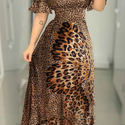 Boho Leopard Long Dress Women Sexy Off Shoulder Slash Neck Ruffle Sleeve Summer Dress Lady Brown Elegant Slim Maxi Party Dresses