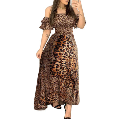 Boho Leopard Long Dress Women Sexy Off Shoulder Slash Neck Ruffle Sleeve Summer Dress Lady Brown Elegant Slim Maxi Party Dresses