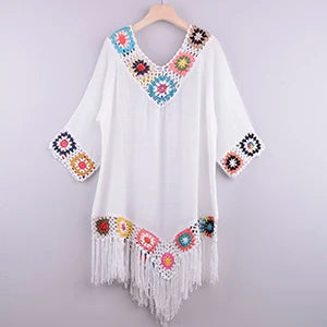 CROCHET BIKINI White Bikini Cover Up With Fringe Trim Women Sexy