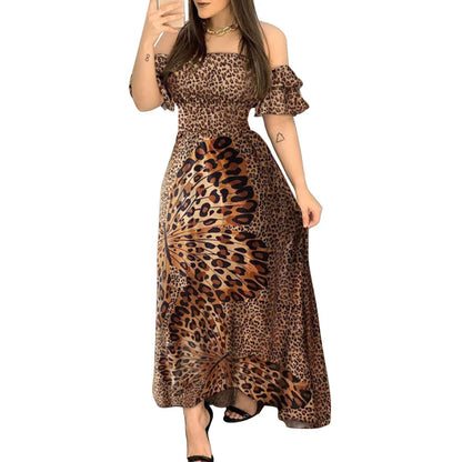 Boho Leopard Long Dress Women Sexy Off Shoulder Slash Neck Ruffle Sleeve Summer Dress Lady Brown Elegant Slim Maxi Party Dresses