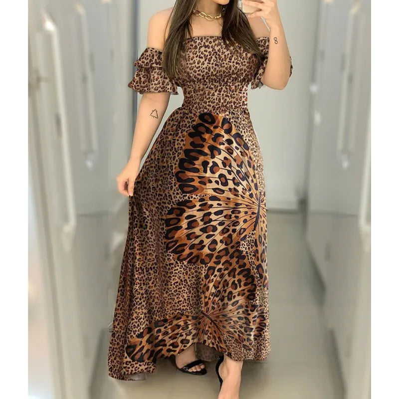 Boho Leopard Long Dress Women Sexy Off Shoulder Slash Neck Ruffle Sleeve Summer Dress Lady Brown Elegant Slim Maxi Party Dresses