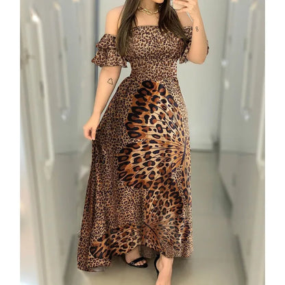 Boho Leopard Long Dress Women Sexy Off Shoulder Slash Neck Ruffle Sleeve Summer Dress Lady Brown Elegant Slim Maxi Party Dresses