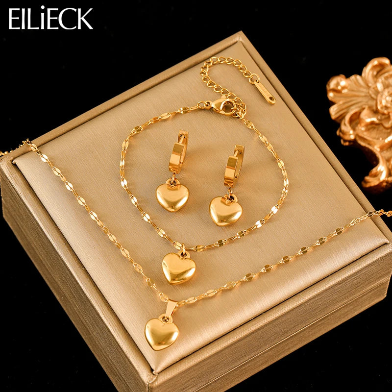 Stainless Steel Heart Love Necklace Bracelets Earrings Set For Women New Trendy 18K Gold Plated Waterproof Jewelry