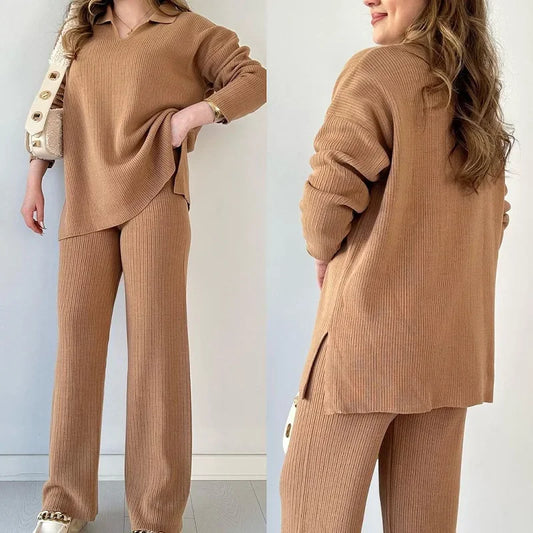 Two Piece Pant Sets Women Knit Sweater V Neck Full Sleeve