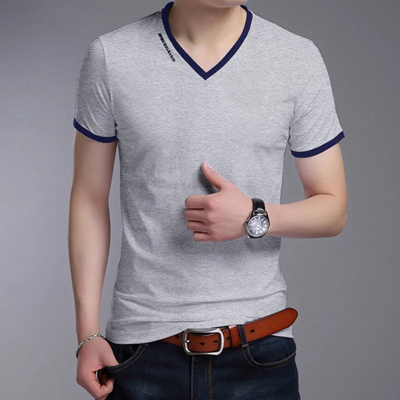 Men's Casual and Fashionable Solid Color V-neck Short Sleeved