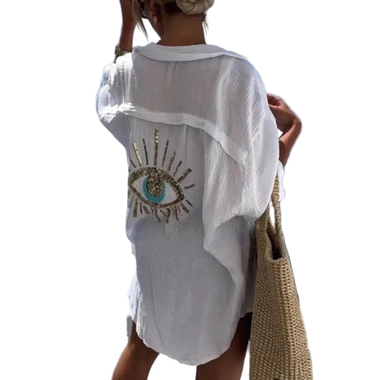 Blue Eyes Bikini Cover Up Lace Hollow Crochet Swimsuit Beach Dress Women
