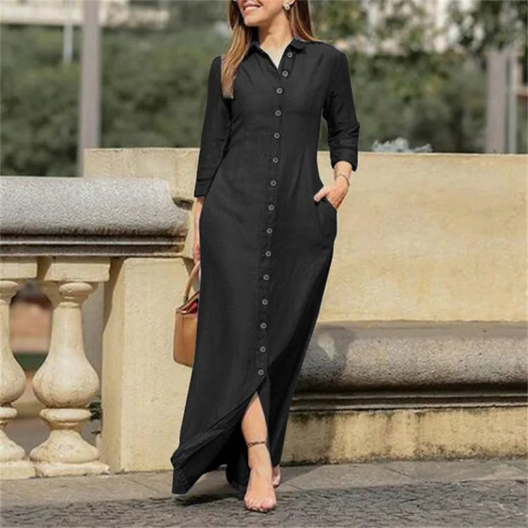 Autumn Elegant Women's Denim Dress Long Sleeve Buttons Shirt Long