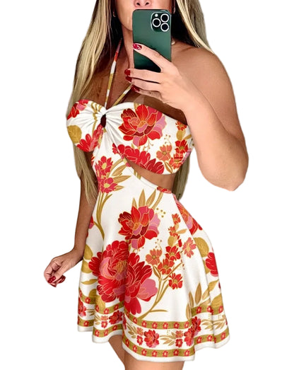 Floral Print Halter Tied Detail Elastic Shirred Back Mini Dress