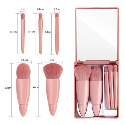 5pcs Mini Makeup Brush Set with Mirror - Multifunctional Travel