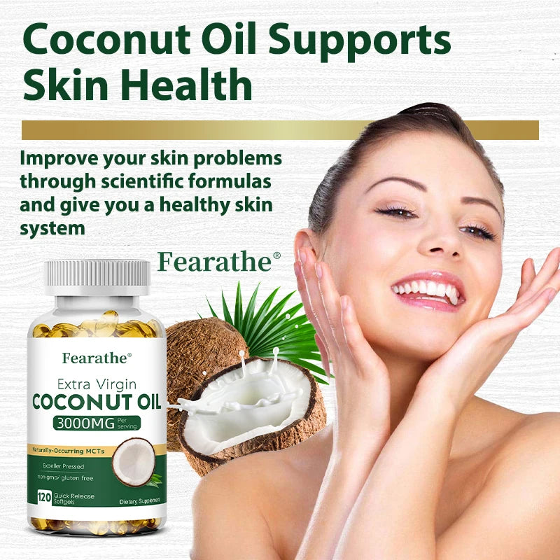 Extra Virgin Coconut Oil, 3000mg, Expeller Pressed Supplement Support for Hair, Nails & Skin Health, Non-GMO