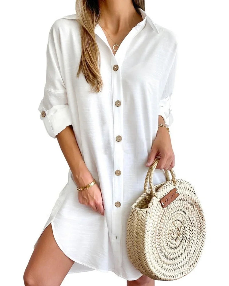 Solid Color Button Front Shirt Dress Casual
