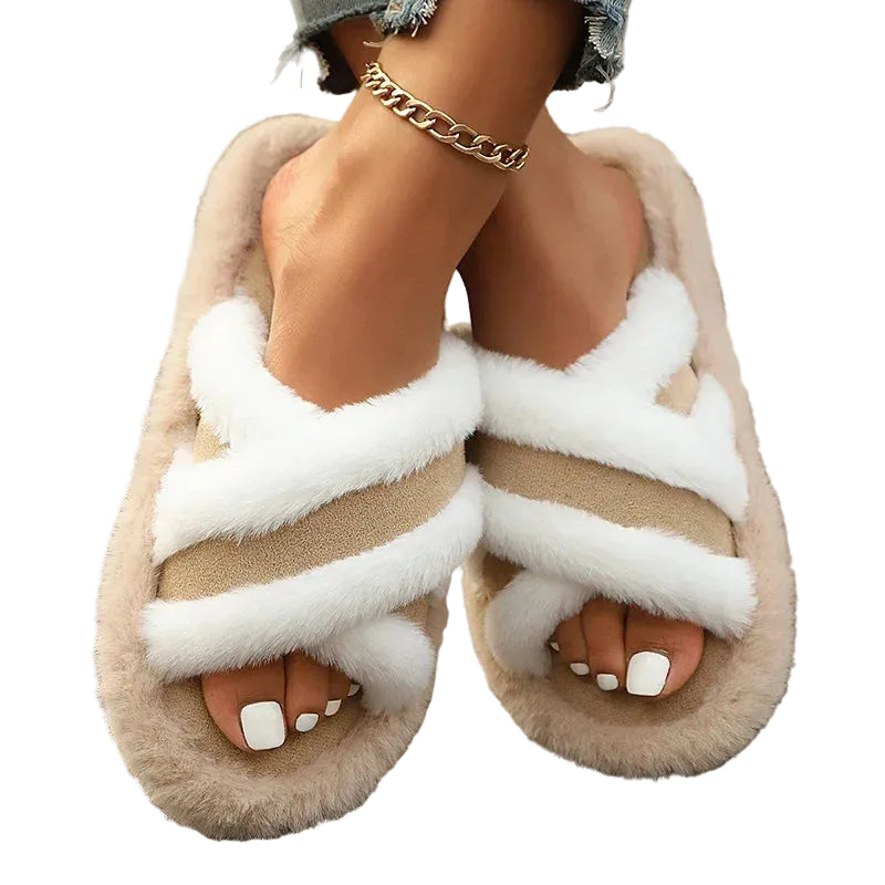 Luxury Faux Fur Cross Strap Slippers Women Winter
