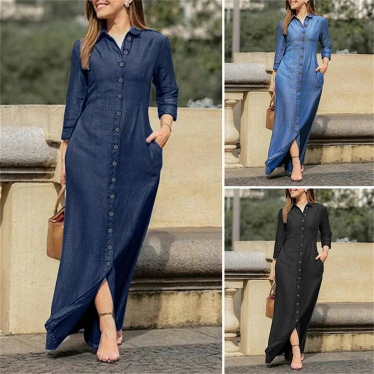 Autumn Elegant Women's Denim Dress Long Sleeve Buttons Shirt Long