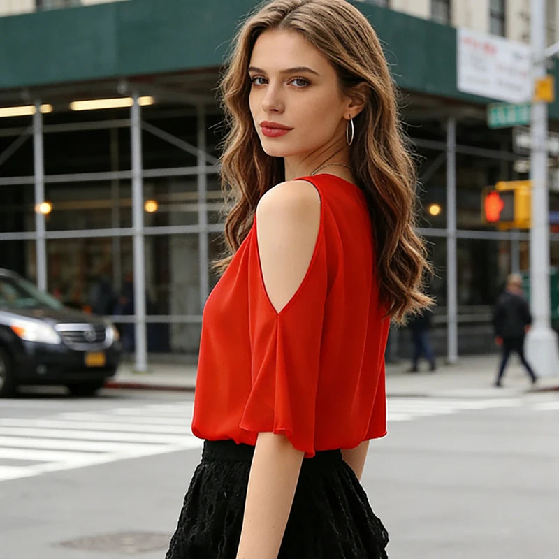 Shoulder Short Sleeve Summer Blouse Women