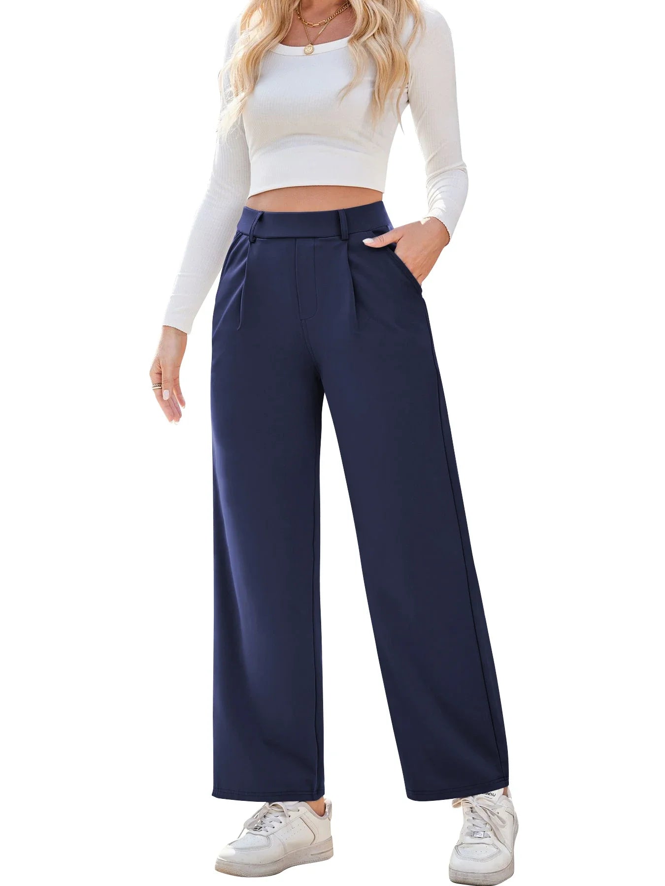 Flex High Waisted Work Pants Plicated Side Pockets Straight Leg