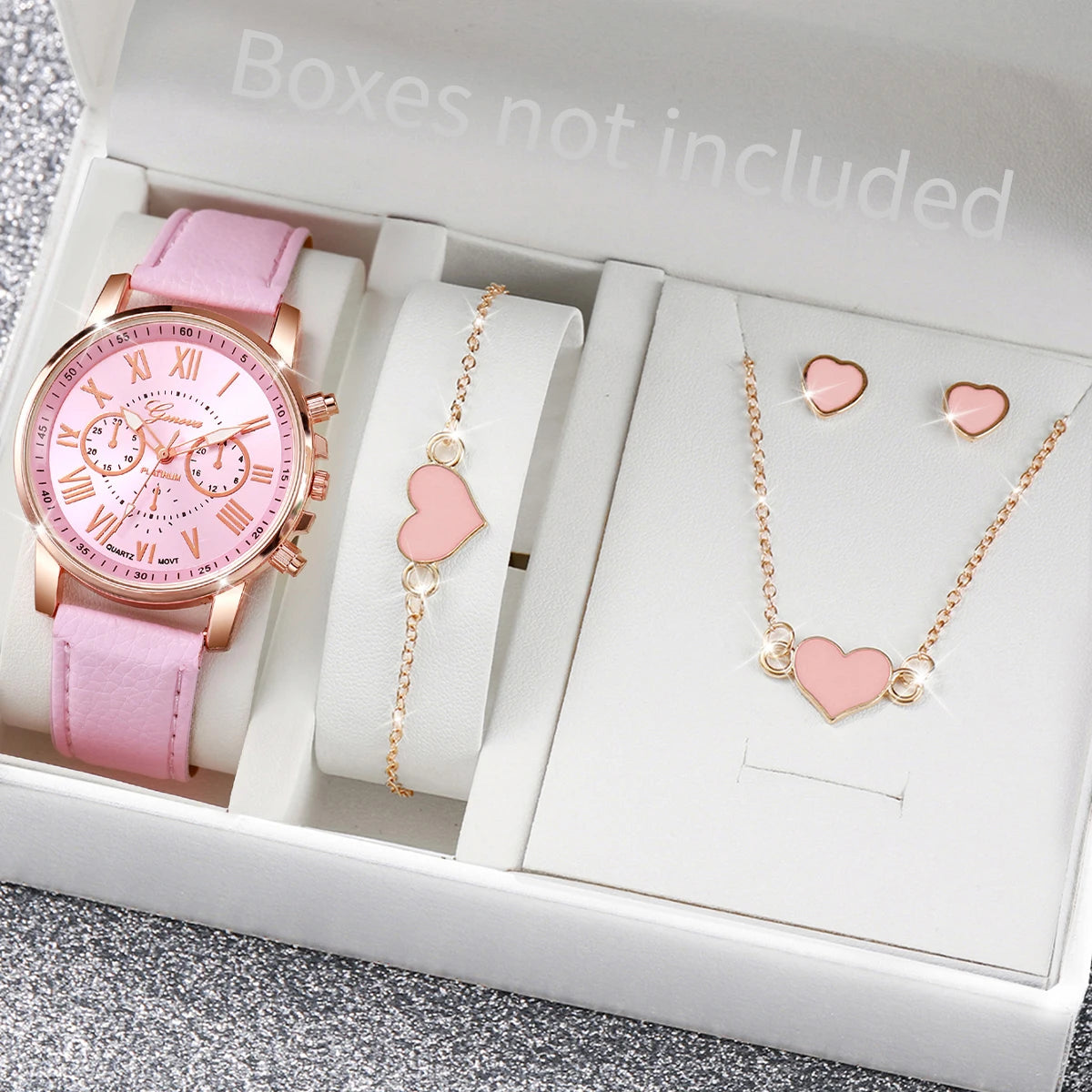 5/6PCS Fashion Women's Quartz Watch Leather Band Analog Wrist Watches Heart Rhinese Jewelry Set(Without Box)
