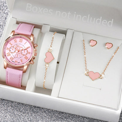 5/6PCS Fashion Women's Quartz Watch Leather Band Analog Wrist Watches Heart Rhinese Jewelry Set(Without Box)