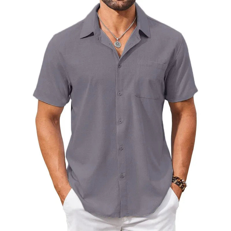 Cotton Linen Breathable Shirt for Men Solid Color Turn Down Collar