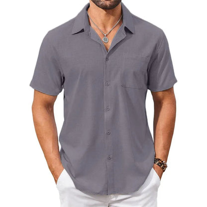 Cotton Linen Breathable Shirt for Men Solid Color Turn Down Collar