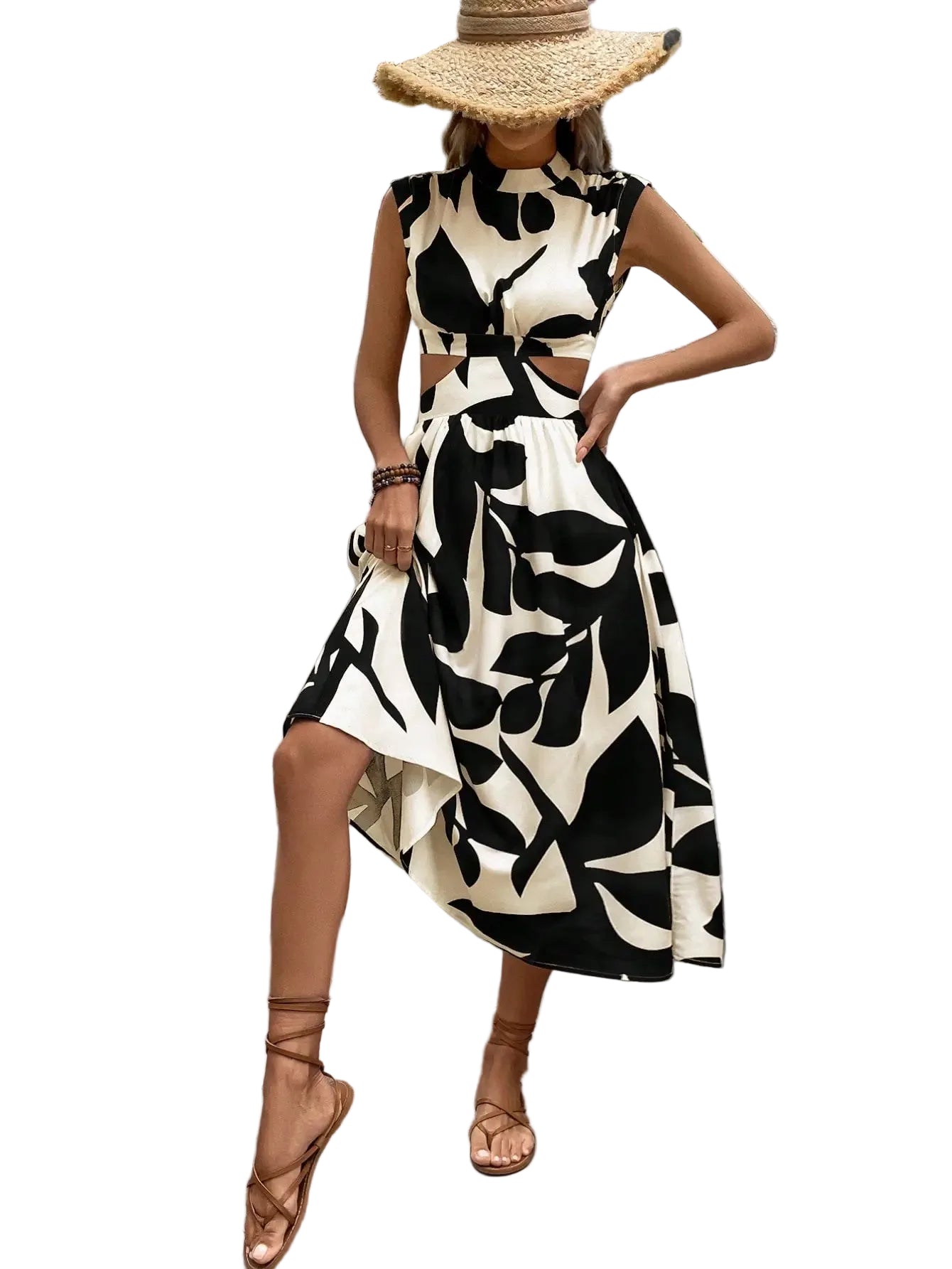 Women's Black White Abstract Leaf Print Maxi Dress
