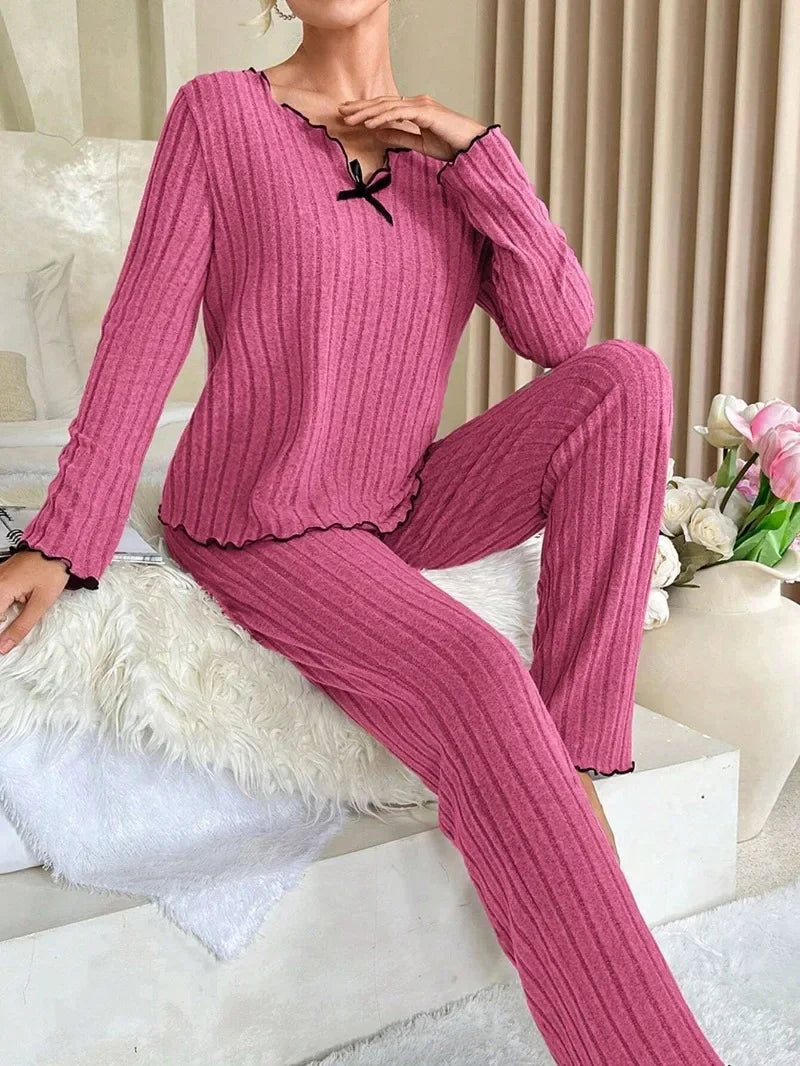 Women Autumn Winter Sleepwear Ribbed Pajamas Set Long Sleeve