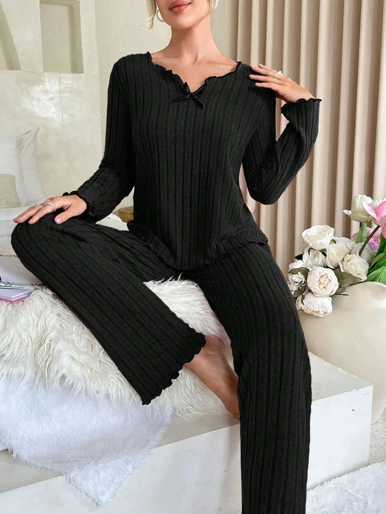 Women Autumn Winter Sleepwear Ribbed Pajamas Set Long Sleeve