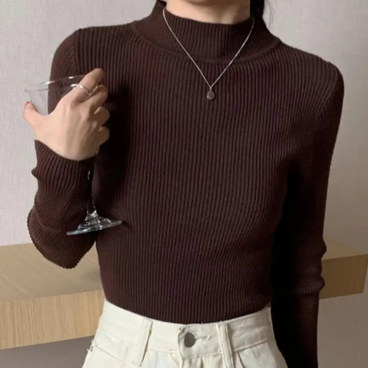 Autumn Winter Mock Neck Women Sweater Vintage Basic Solid
